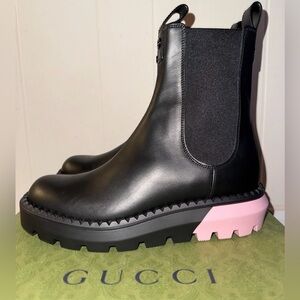 Gucci Chelsea Ankle Boot Women Size 10 Black Leather Sierra Stretch Pink Heel